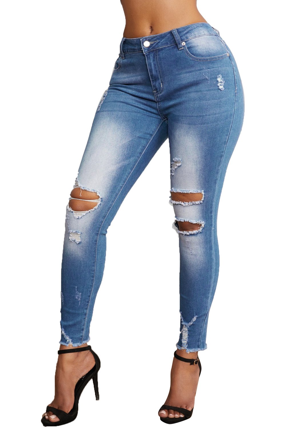 A pair of Women's Faded Mid High Rise Holes Skinny Jeans featuring distressed legs, frayed ankles, and a light blue color, styled on a mannequin.