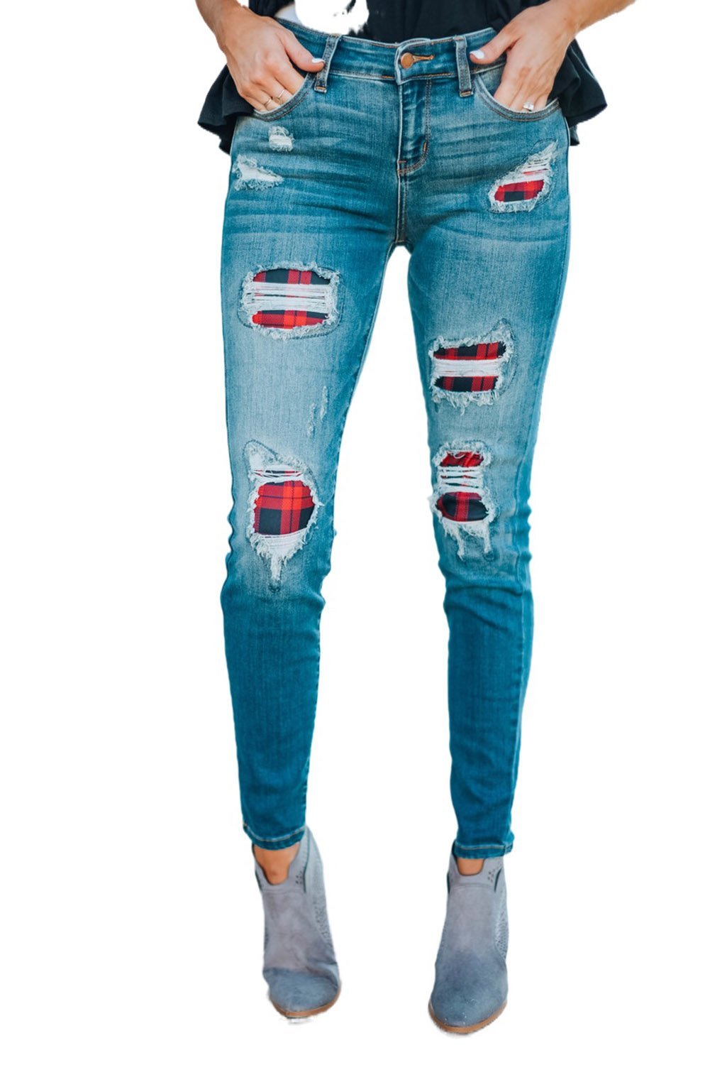 A pair of Women's Fashion Red Plaid Patch Destroyed Skinny Jeans featuring distressed details, plaid patches on the front legs, and a skinny fit silhouette.