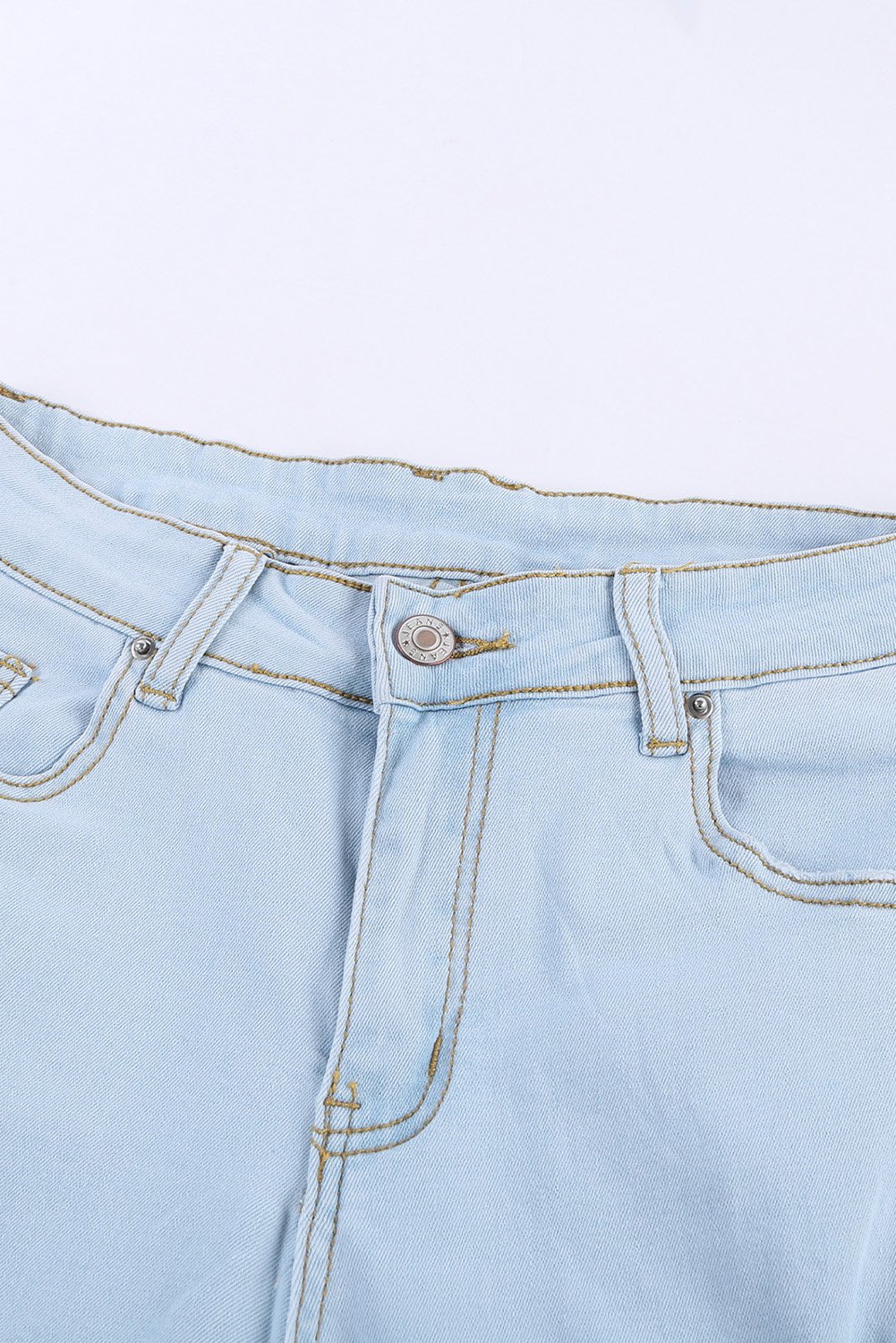 A pair of women's sky blue washed ripped knee wide-leg jeans, featuring a high-rise design and button fly closure, displayed on a white background.