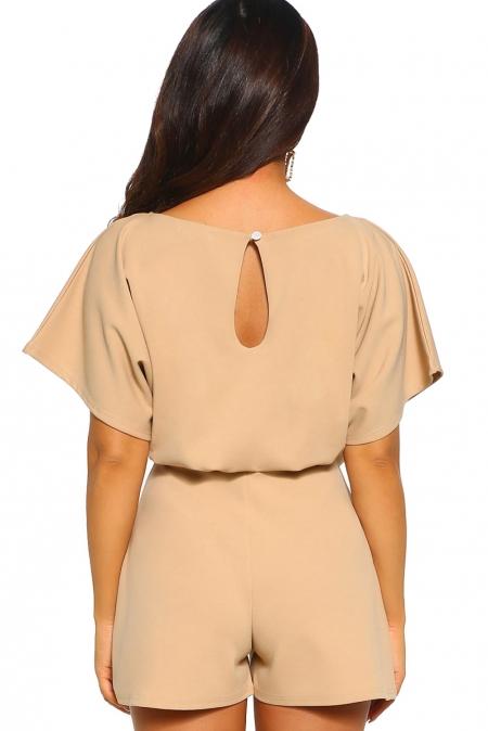 Apricot short sleeve belted playsuit featuring batwing sleeves and a stylish tie waist belt, perfect for summer outings.