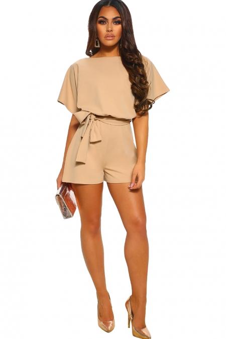 Apricot short sleeve belted playsuit featuring batwing sleeves and a stylish tie waist belt, perfect for summer outings.