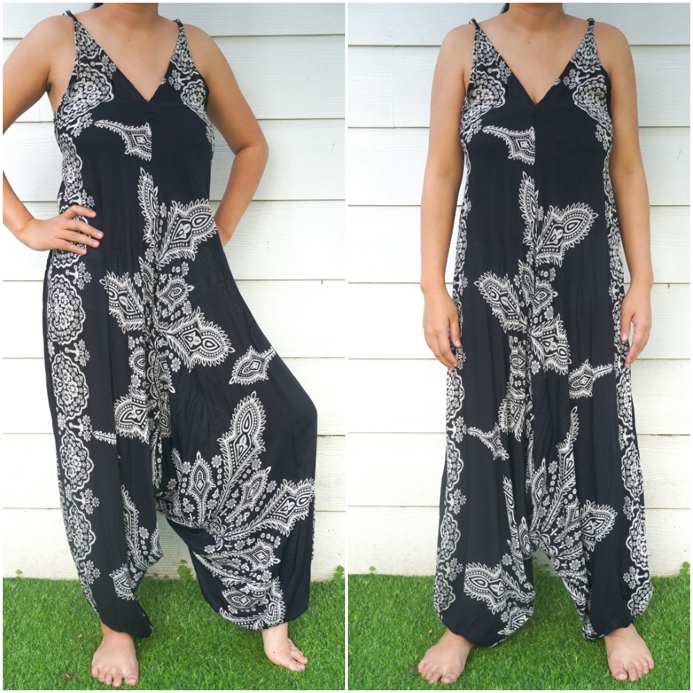 Black Butterfly Hippie Jumpsuit featuring wide legs and adjustable straps, perfect for festivals and summer wear.