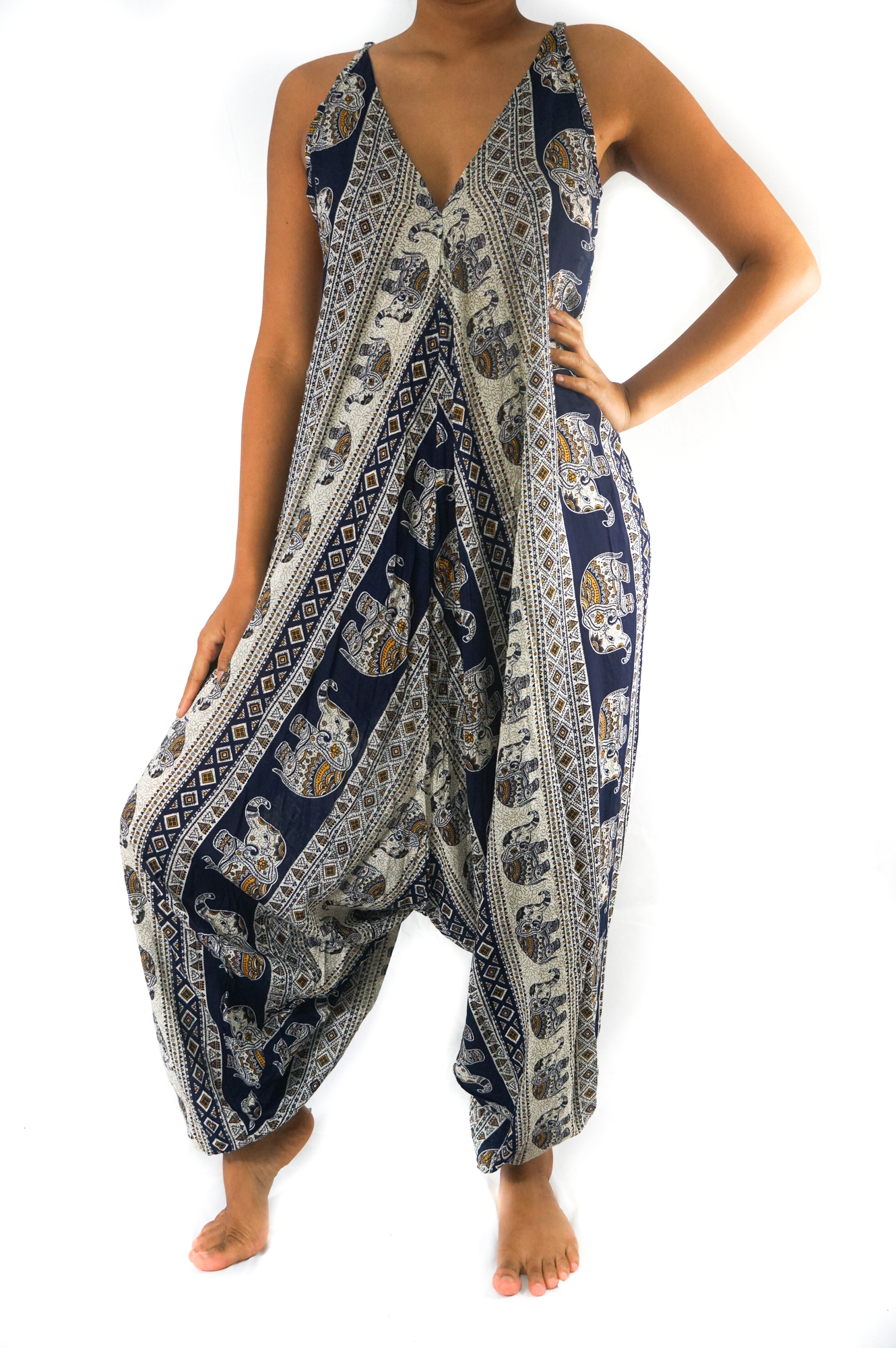 Blue Elephant Boho Hippie Jumpsuit Romper featuring adjustable straps, wide legs, and elasticated back, made from soft breathable rayon fabric.