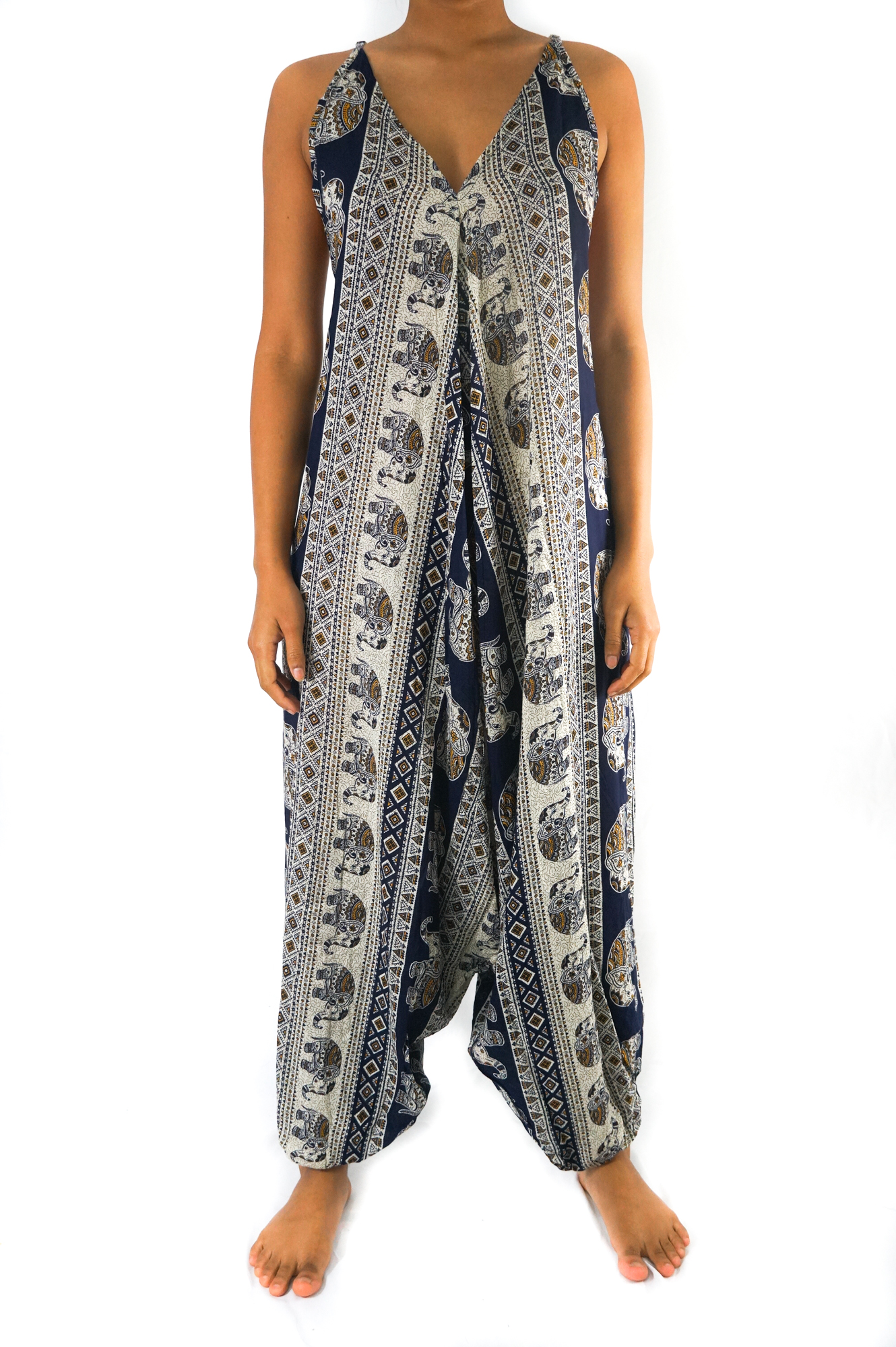 Blue Elephant Boho Hippie Jumpsuit Romper featuring adjustable straps, wide legs, and elasticated back, made from soft breathable rayon fabric.