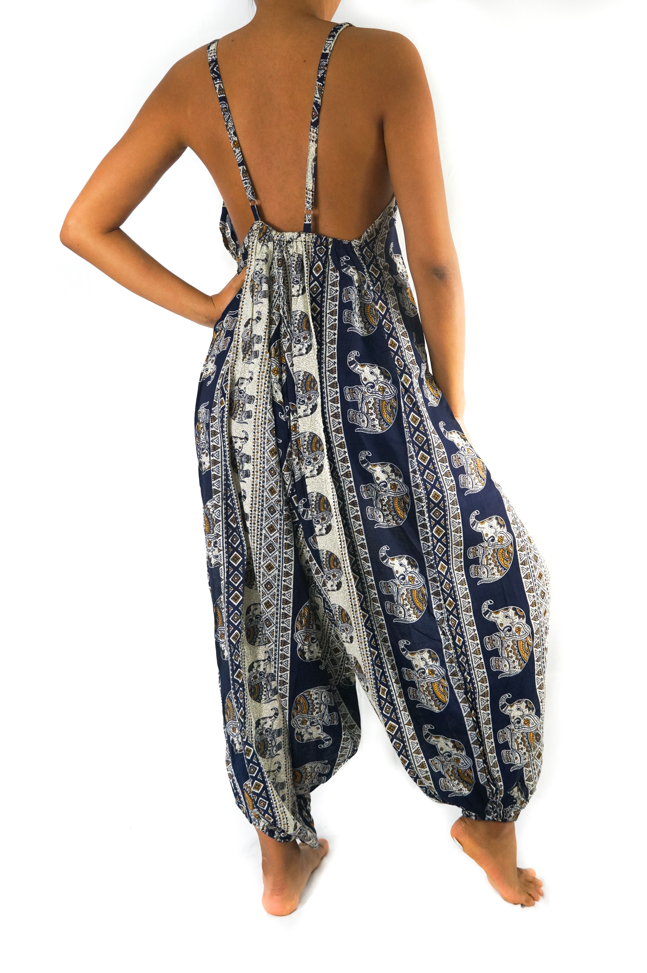 Blue Elephant Boho Hippie Jumpsuit Romper featuring adjustable straps, wide legs, and elasticated back, made from soft breathable rayon fabric.