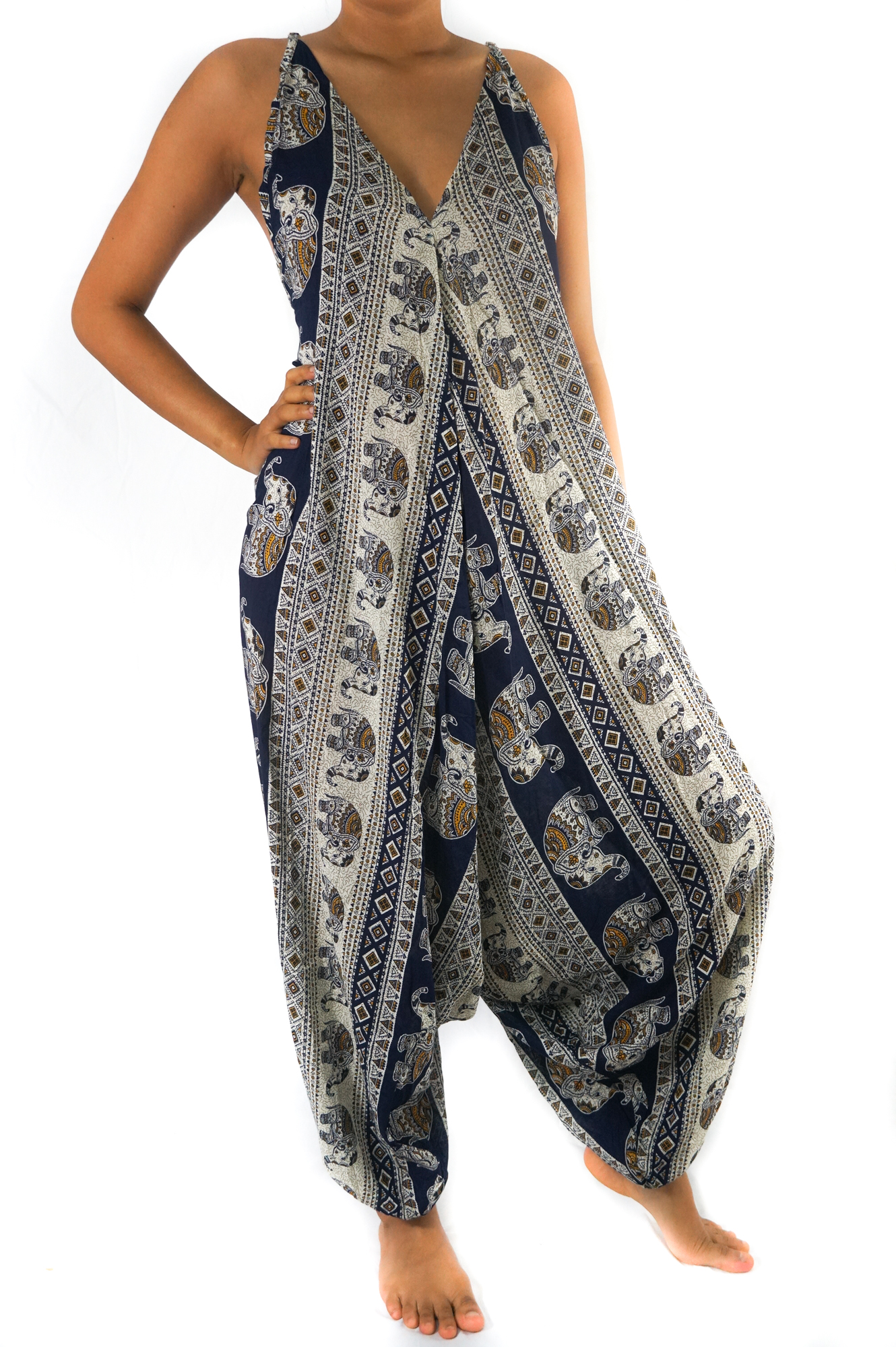 Blue Elephant Boho Hippie Jumpsuit Romper featuring adjustable straps, wide legs, and elasticated back, made from soft breathable rayon fabric.