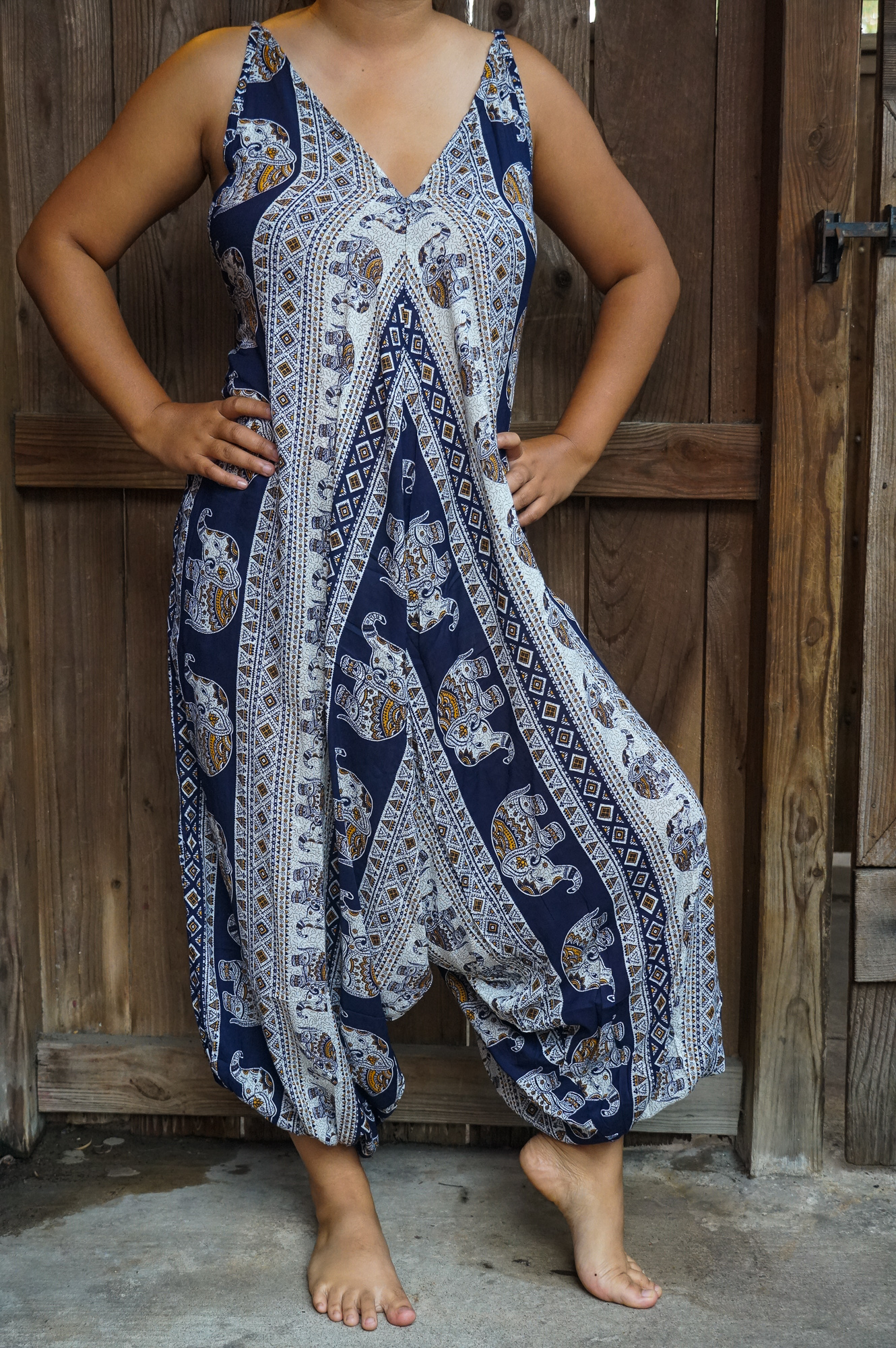 Blue Elephant Boho Hippie Jumpsuit Romper featuring adjustable straps, wide legs, and elasticated back, made from soft breathable rayon fabric.