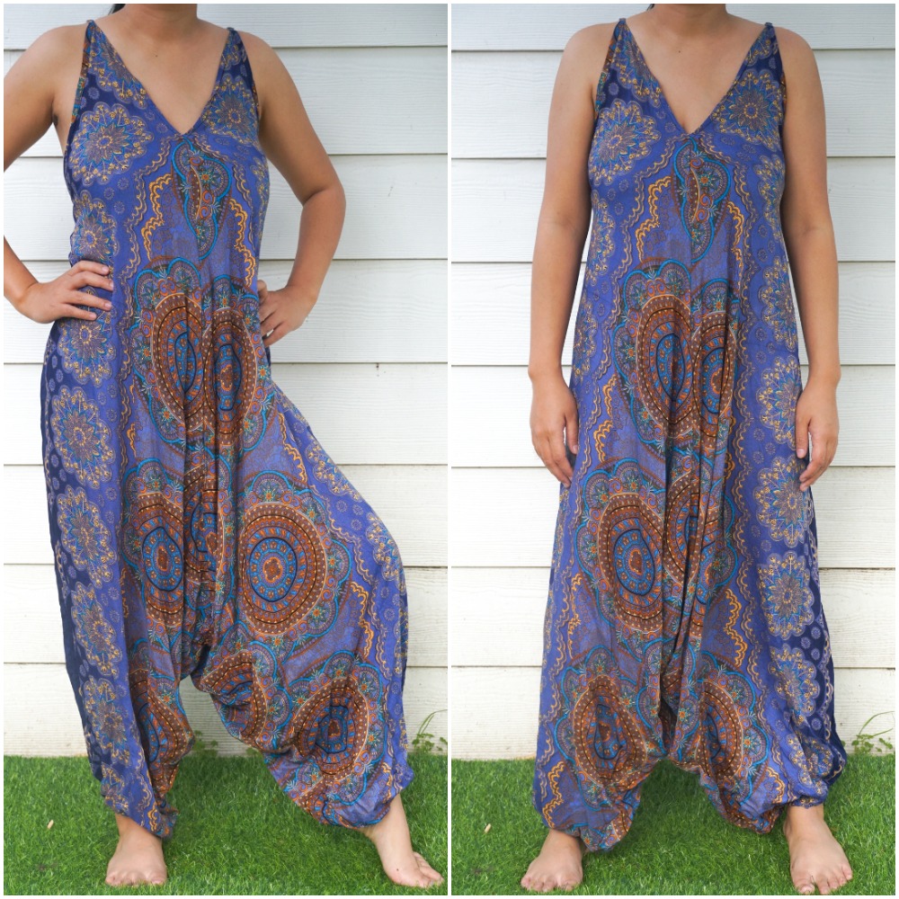 A stylish Blue Mandala Boho Hippie Jumpsuit featuring adjustable straps, wide legs, and a vibrant mandala pattern, perfect for summer festivals.