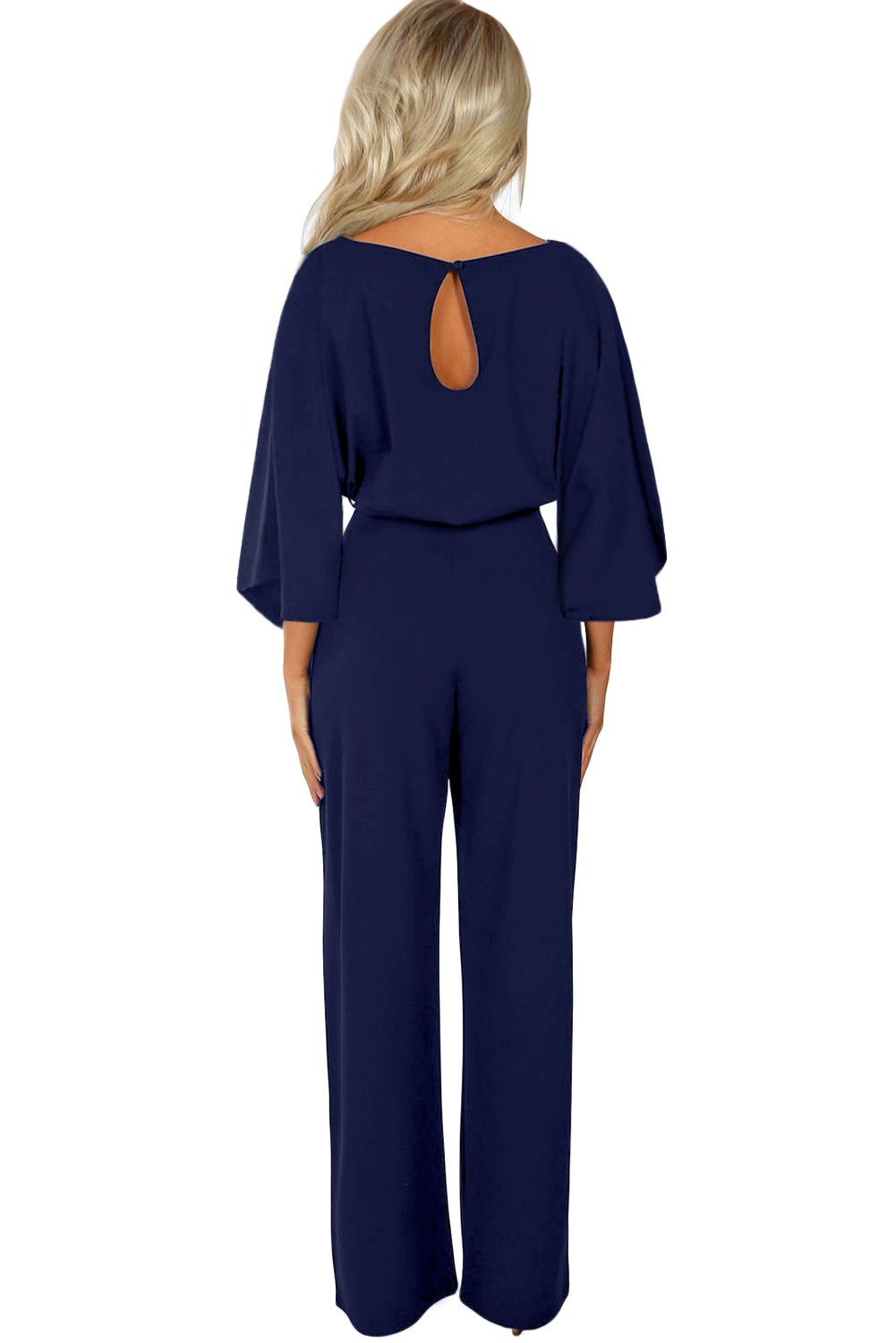 A stylish blue Bracelet Sleeve Waist Tie Wide Leg Jumpsuit featuring 3/4 sleeves, a boat neckline, and a key-hole back detail, perfect for day-to-night wear.