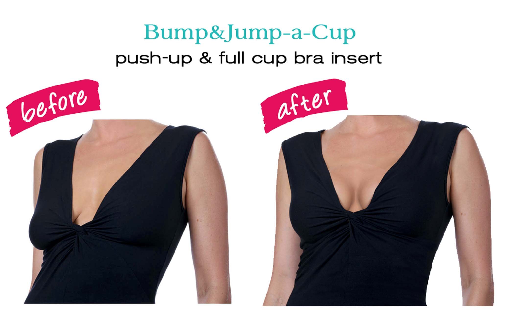 Bump & Jump-a-Cup silicone inserts designed to enhance cleavage and increase cup size, showcasing their tapered design and soft texture.