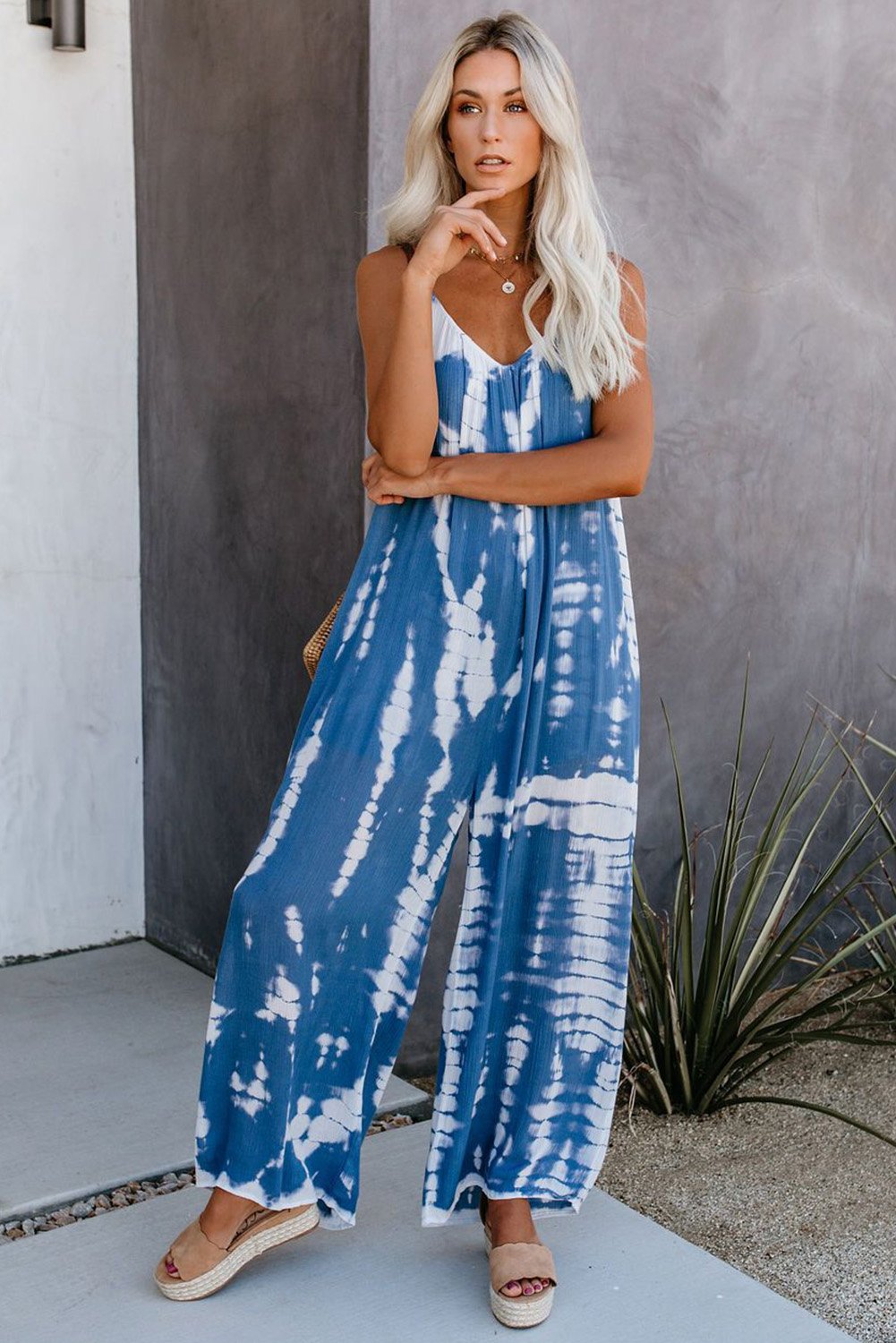 Main Casual Blue Spaghetti Strap Tie Dye Baggy Long Pants Romper image