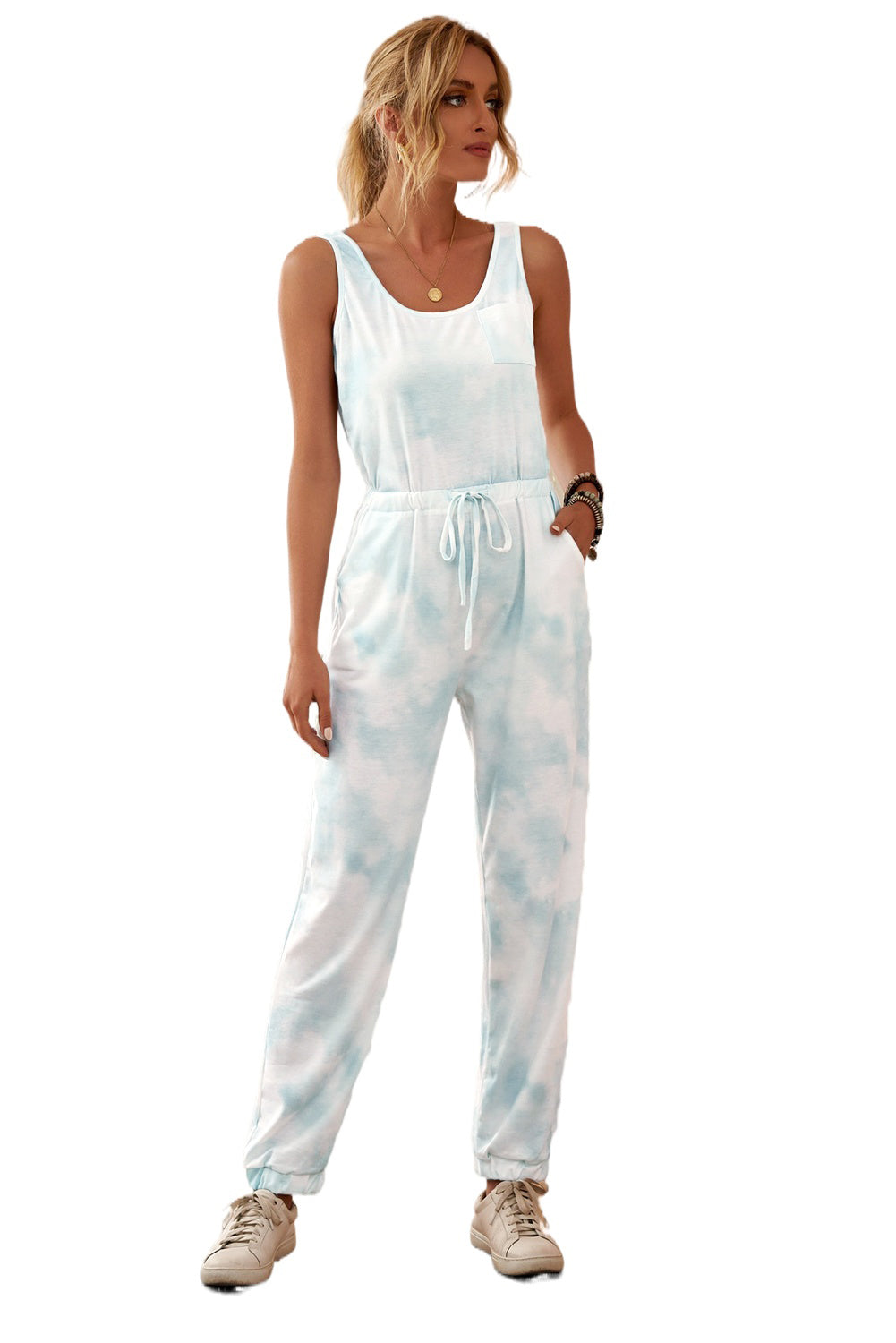 Casual Blue Tie Dye Drawstring Jogging Jumpsuit featuring a scooped neckline, cinched waist, and side pockets, perfect for casual outings.