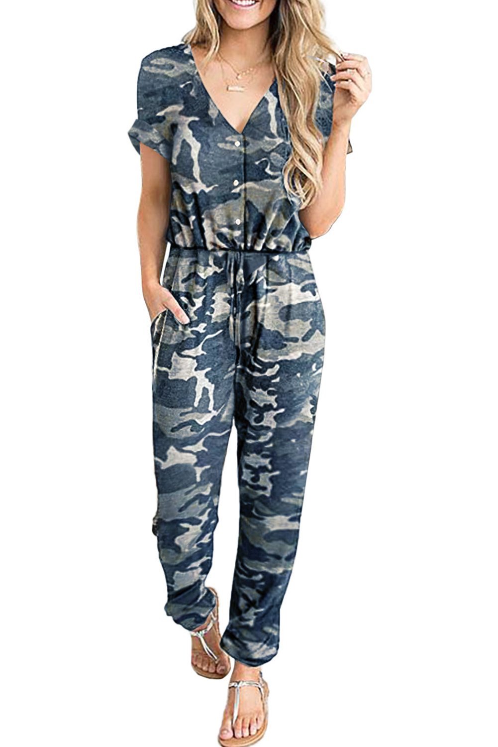 A stylish Casual Chic Camo Print Jumpsuit featuring short sleeves, v-neck, button closure, high waist, and side pockets, perfect for casual outings.