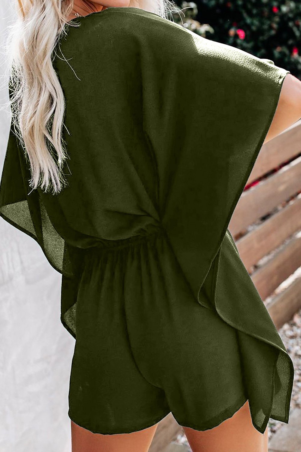 Casual Green Born To Fly Kimono Romper featuring half sleeves, draped sashes, and a solid green color, perfect for summer outings.