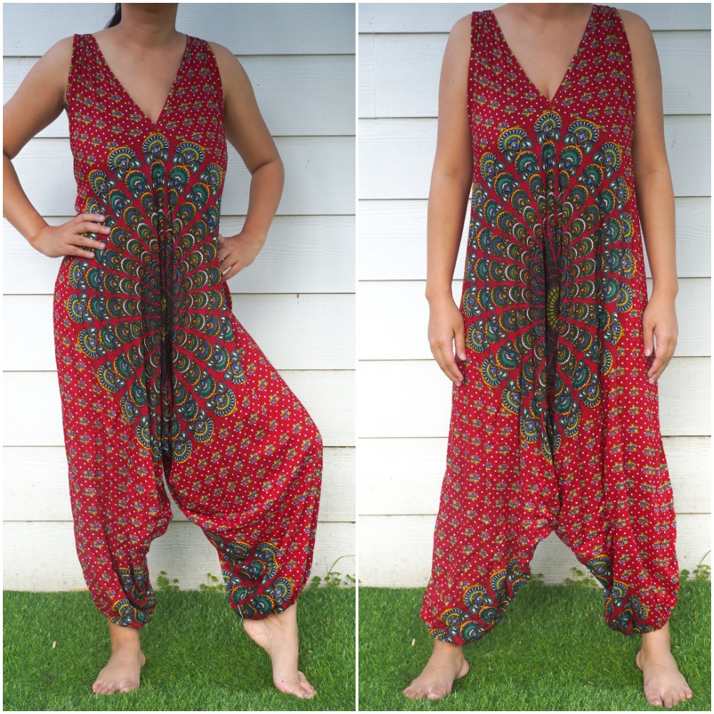 A vibrant Chakra Hippie Jumpsuit featuring a boho design with wide legs, adjustable straps, and elasticated ankles, perfect for summer festivals.