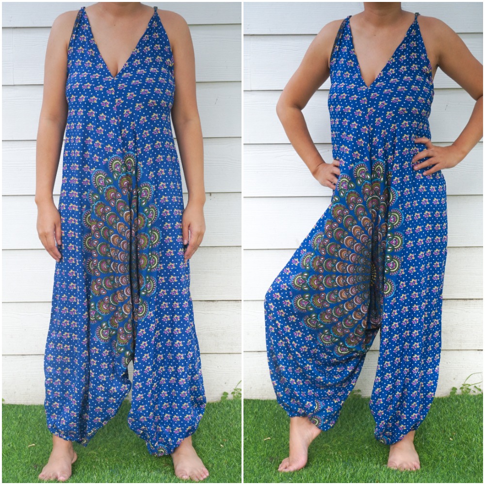 A vibrant Chakra Hippie Jumpsuit featuring a boho design with wide legs, adjustable straps, and elasticated ankles, perfect for summer festivals.