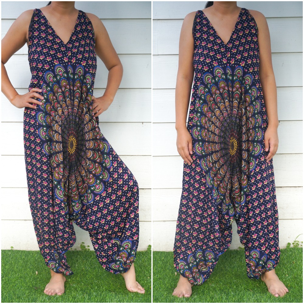 A vibrant Chakra Hippie Jumpsuit featuring a boho design with wide legs, adjustable straps, and elasticated ankles, perfect for summer festivals.