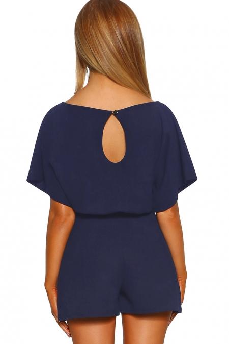 Fashion Blue Over The Top Belted Playsuit featuring batwing sleeves and a detachable tie waist belt, perfect for summer occasions.