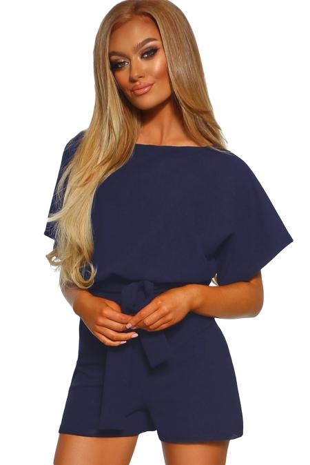 Fashion Blue Over The Top Belted Playsuit featuring batwing sleeves and a detachable tie waist belt, perfect for summer occasions.