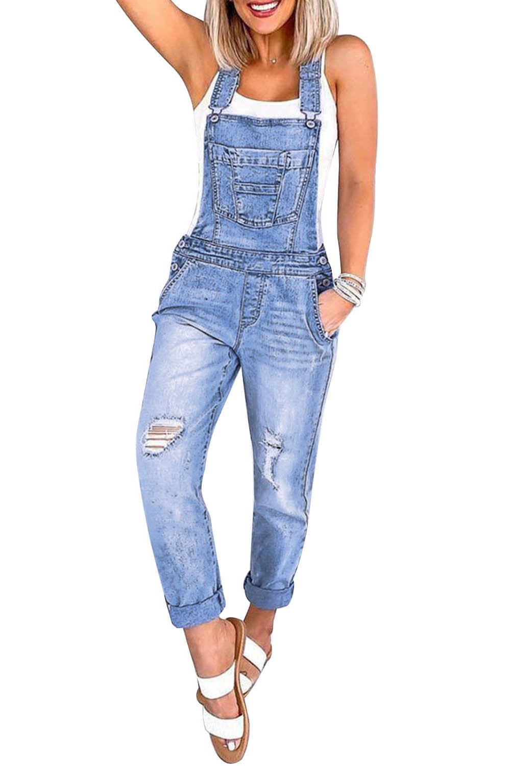 Fashion One-piece Denim Jumpsuit in light blue with adjustable straps, multiple pockets, and distressed details, perfect for casual wear.