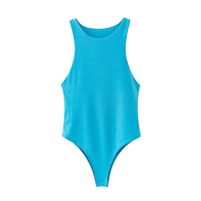 O Neck Summer Sleeveless Bodysuit in solid color, showcasing a stylish and flattering design perfect for summer wear.