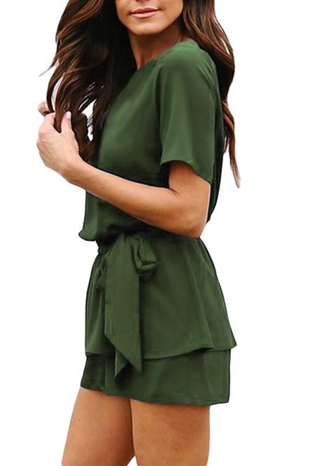 Olive Half Sleeves Peplum Waist Summer Romper featuring a flattering peplum design, keyhole back, and included waistbelt, perfect for summer outings.