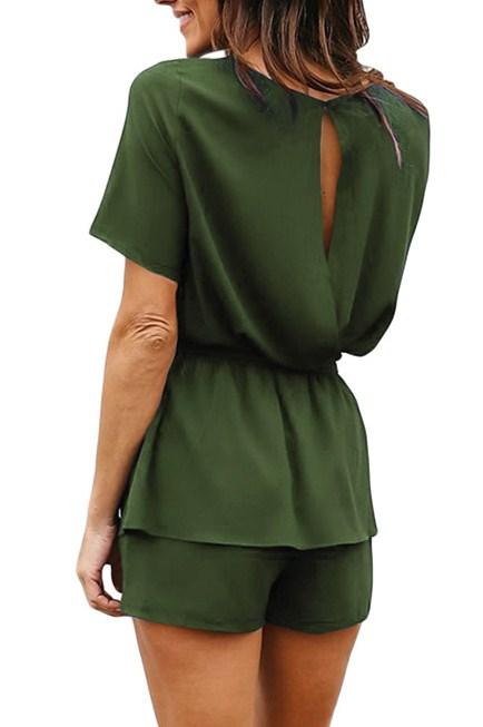 Olive Half Sleeves Peplum Waist Summer Romper featuring a flattering peplum design, keyhole back, and included waistbelt, perfect for summer outings.