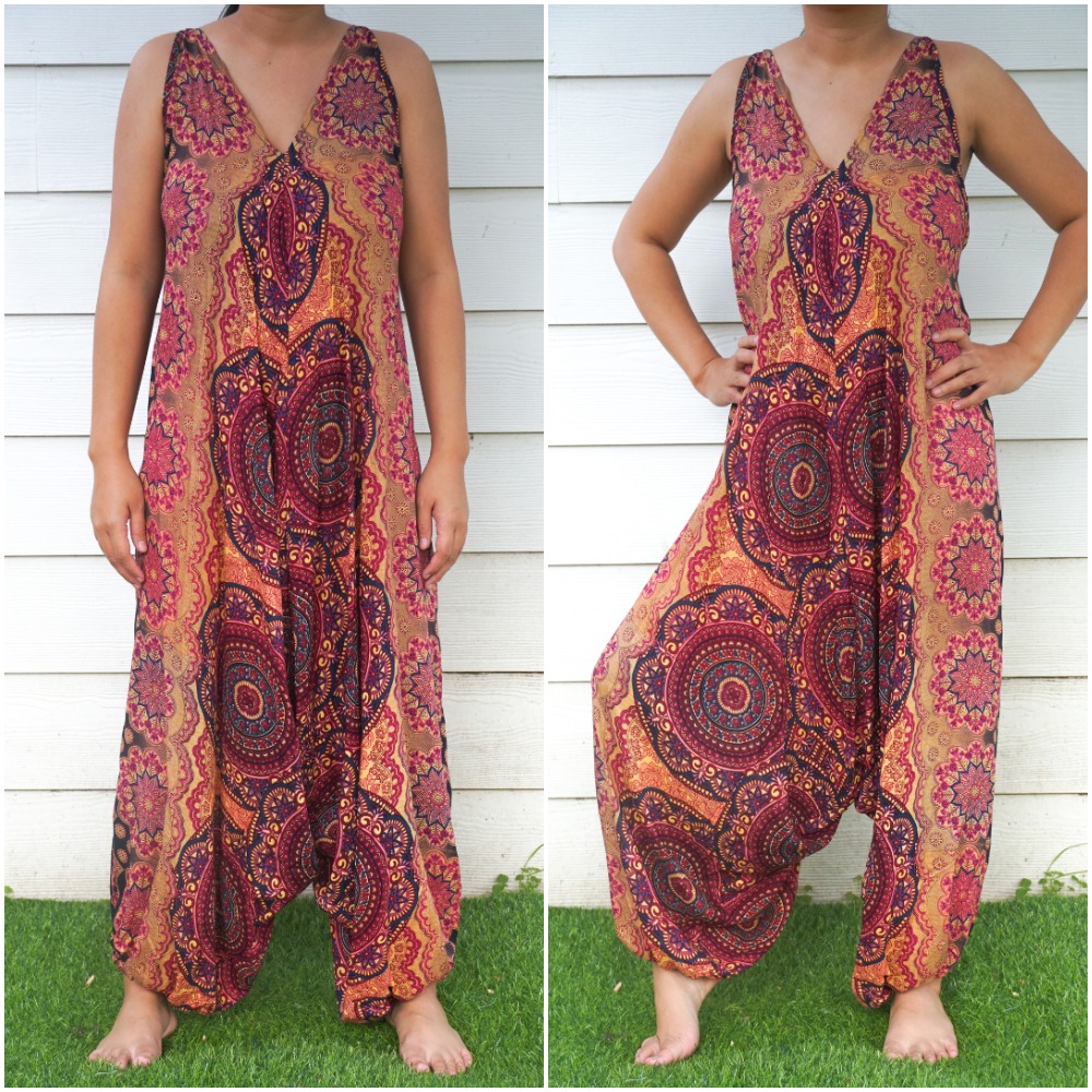 A vibrant orange boho hippie romper jumpsuit with adjustable straps, wide legs, and elasticated back, perfect for summer festivals and beach wear.