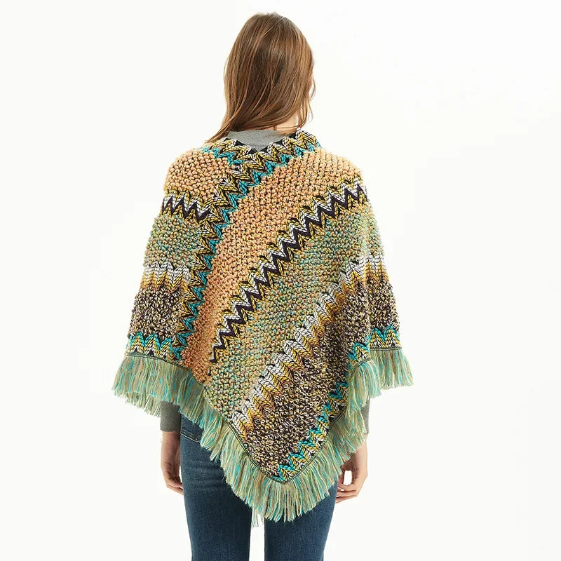 Main Patchwork Shawl Knitted Striped Print Cardigans Women Poncho Autumn image