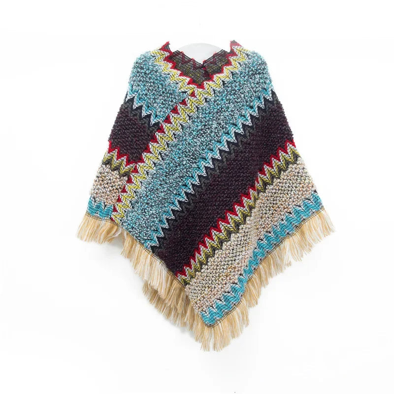 A stylish patchwork shawl knitted cardigan featuring a striped print, perfect for autumn wear.