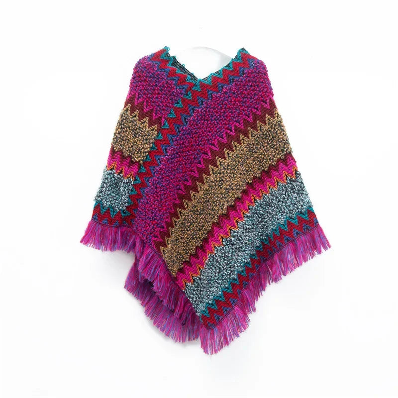 A stylish patchwork shawl knitted cardigan featuring a striped print, perfect for autumn wear.