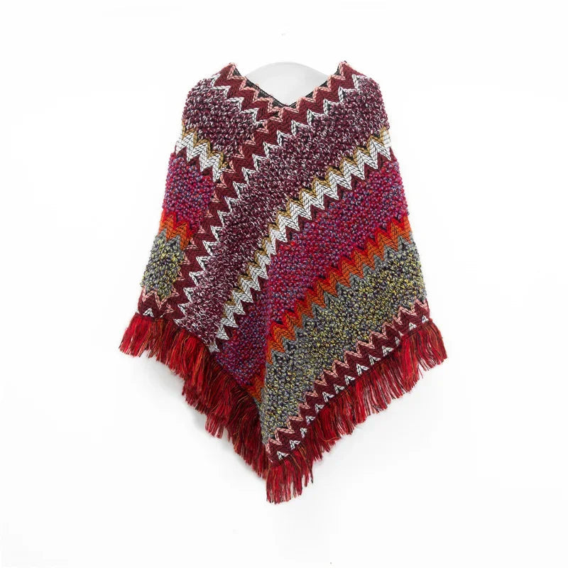 A stylish patchwork shawl knitted cardigan featuring a striped print, perfect for autumn wear.