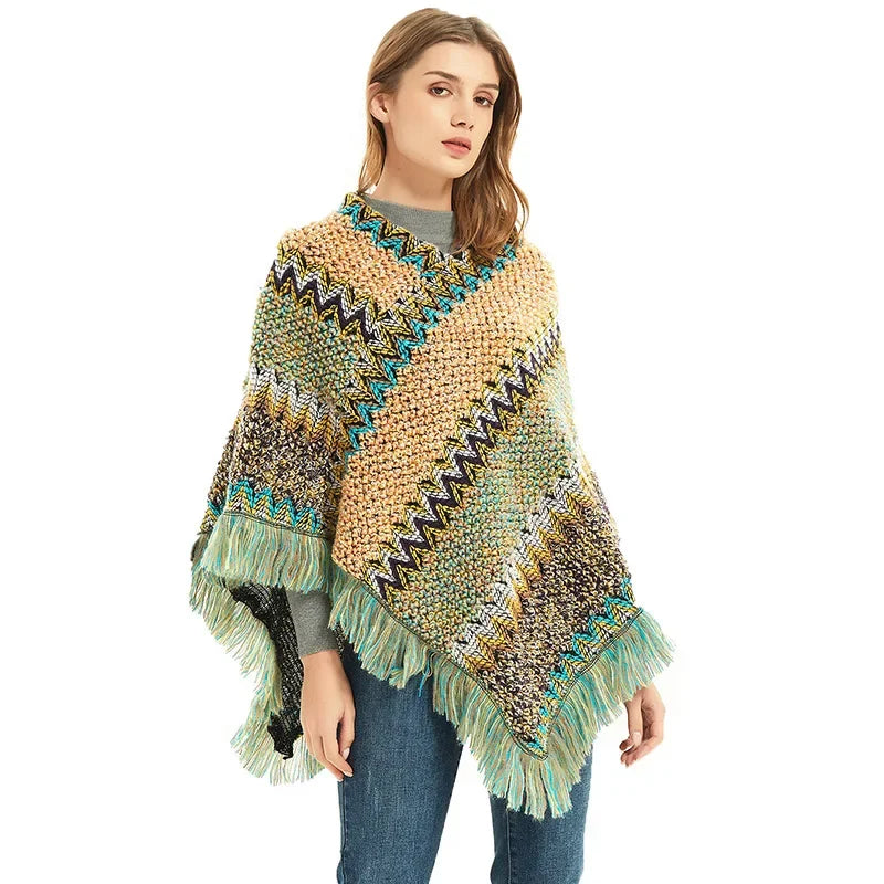 A stylish patchwork shawl knitted cardigan featuring a striped print, perfect for autumn wear.