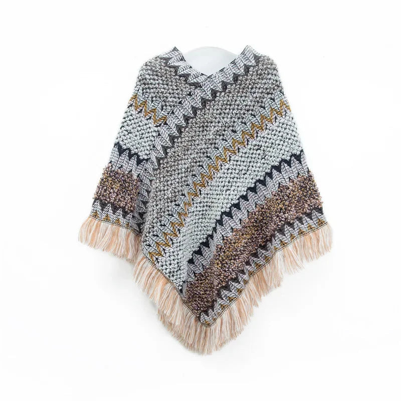 A stylish patchwork shawl knitted cardigan featuring a striped print, perfect for autumn wear.