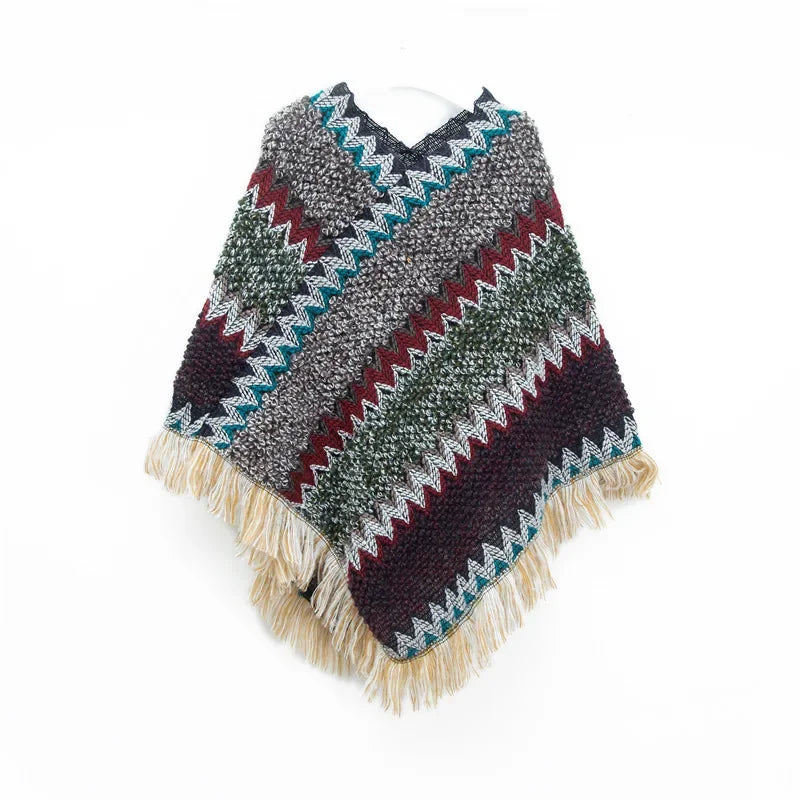 A stylish patchwork shawl knitted cardigan featuring a striped print, perfect for autumn wear.