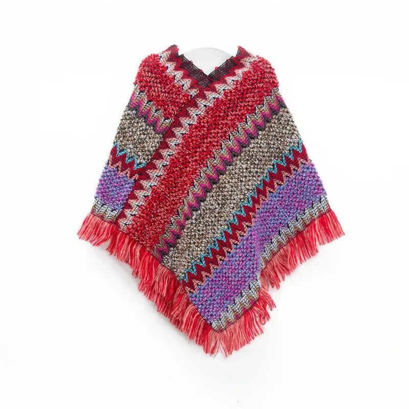 A stylish patchwork shawl knitted cardigan featuring a striped print, perfect for autumn wear.