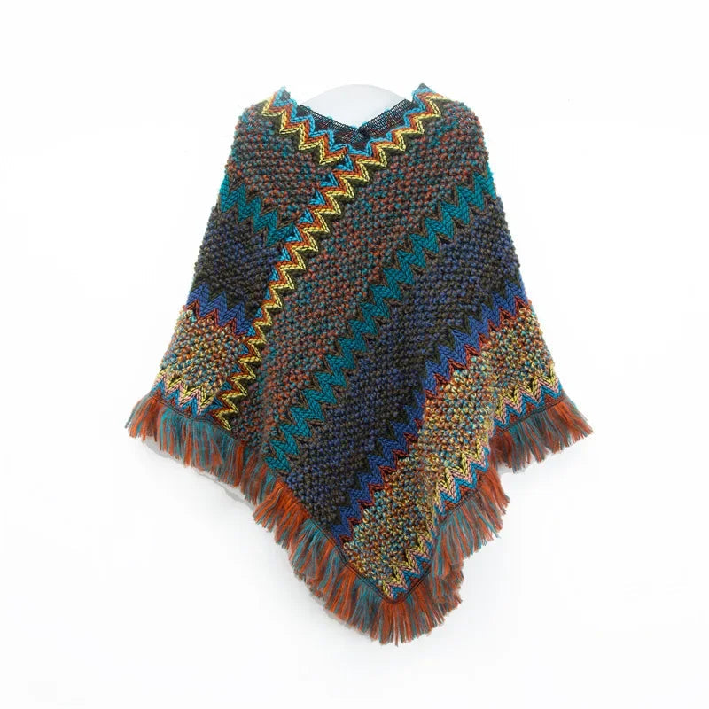 A stylish patchwork shawl knitted cardigan featuring a striped print, perfect for autumn wear.