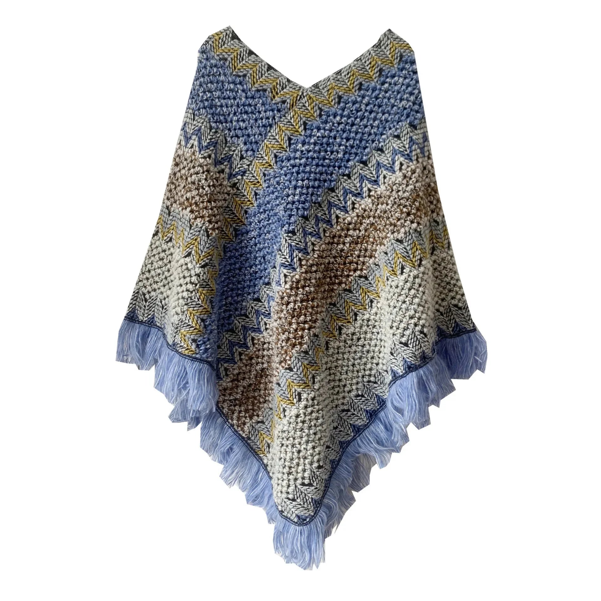 A stylish patchwork shawl knitted cardigan featuring a striped print, perfect for autumn wear.