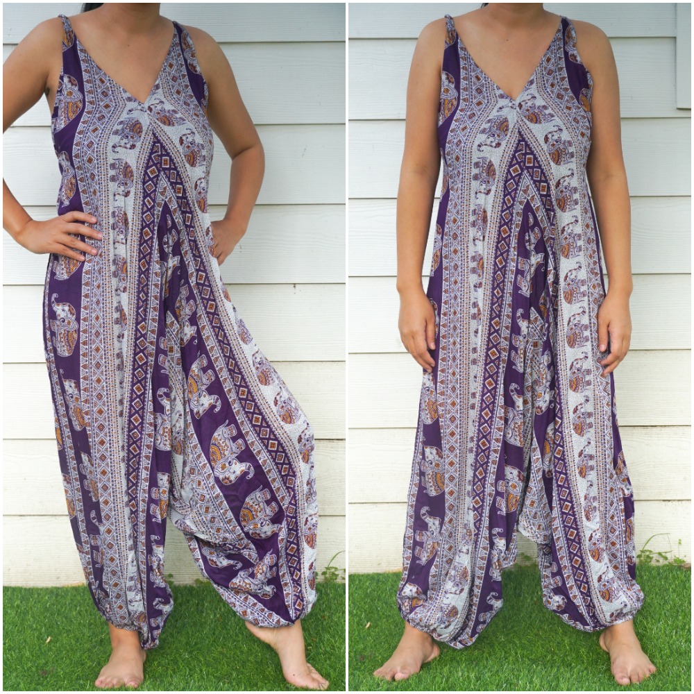 A vibrant Purple Elephant Boho Hippie Jumpsuit featuring wide legs, adjustable straps, and elasticated back, perfect for summer festivals.