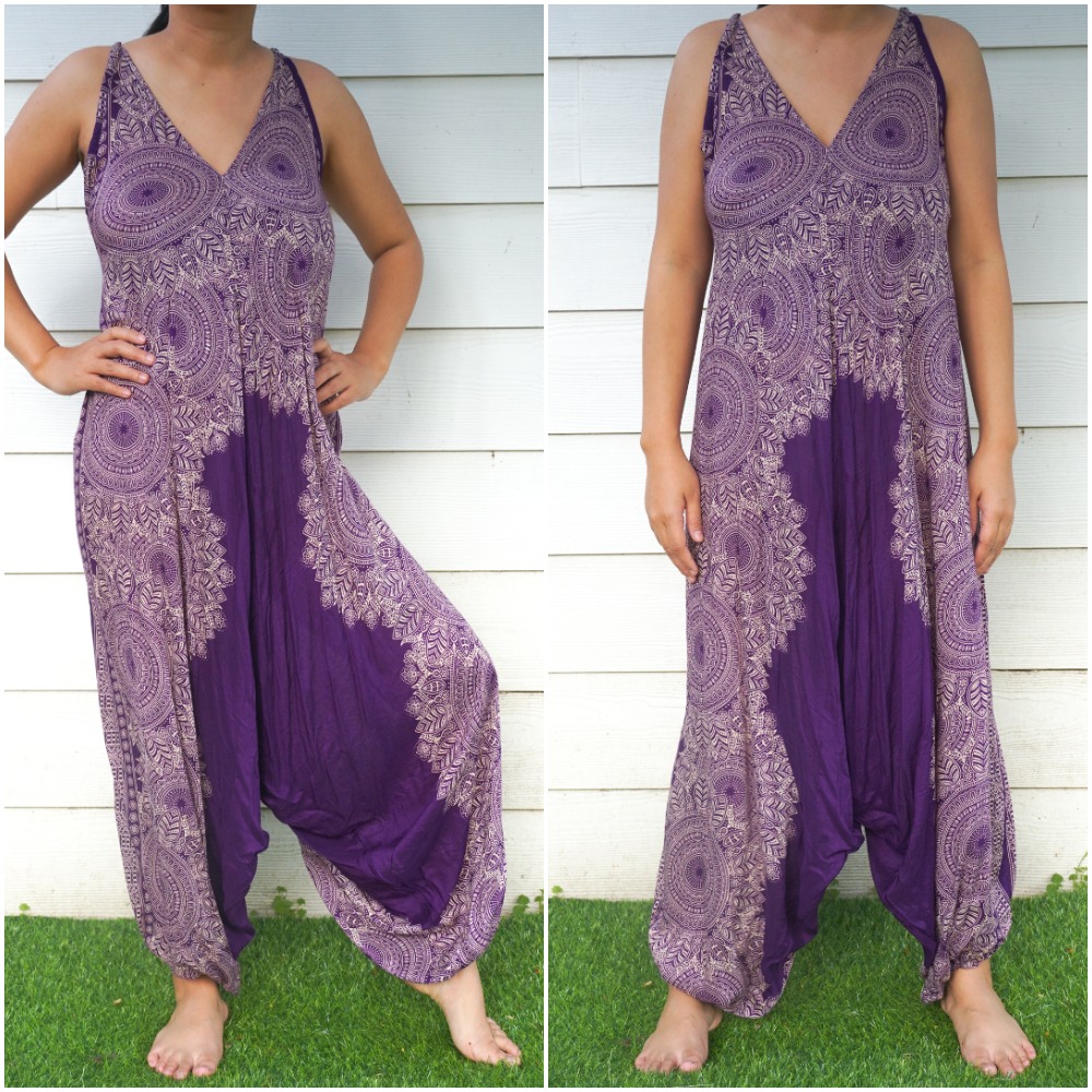 A vibrant Purple Lotus Hippie Jumpsuit featuring a boho design, wide legs, and adjustable straps, perfect for summer festivals.