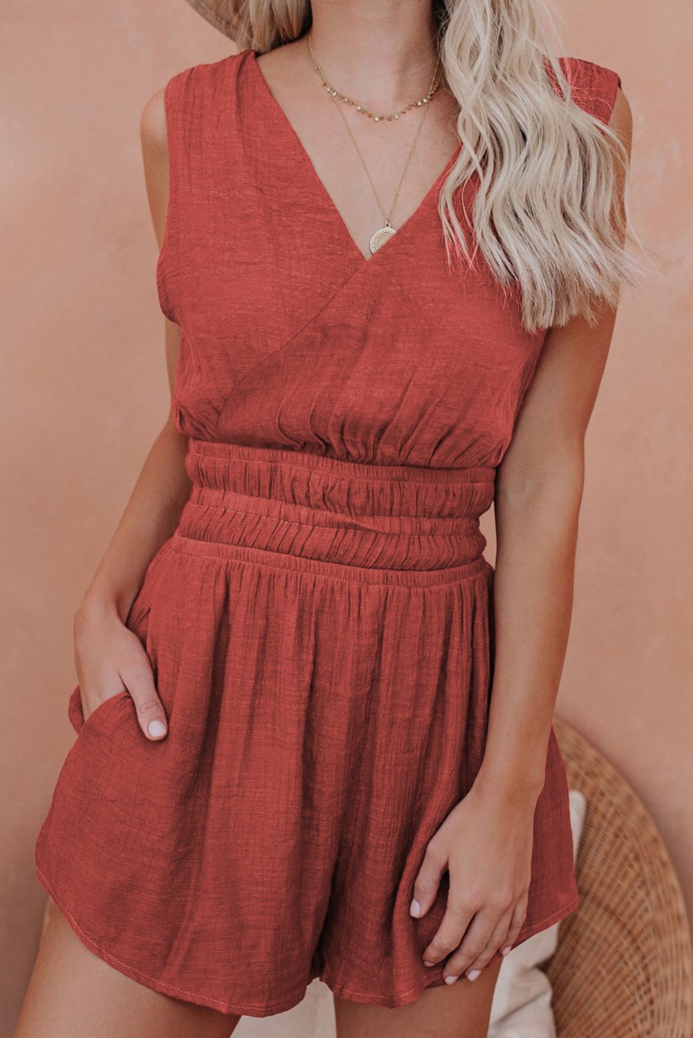 Main Red Smocked Pocketed Sleeveless V Neck Romper image