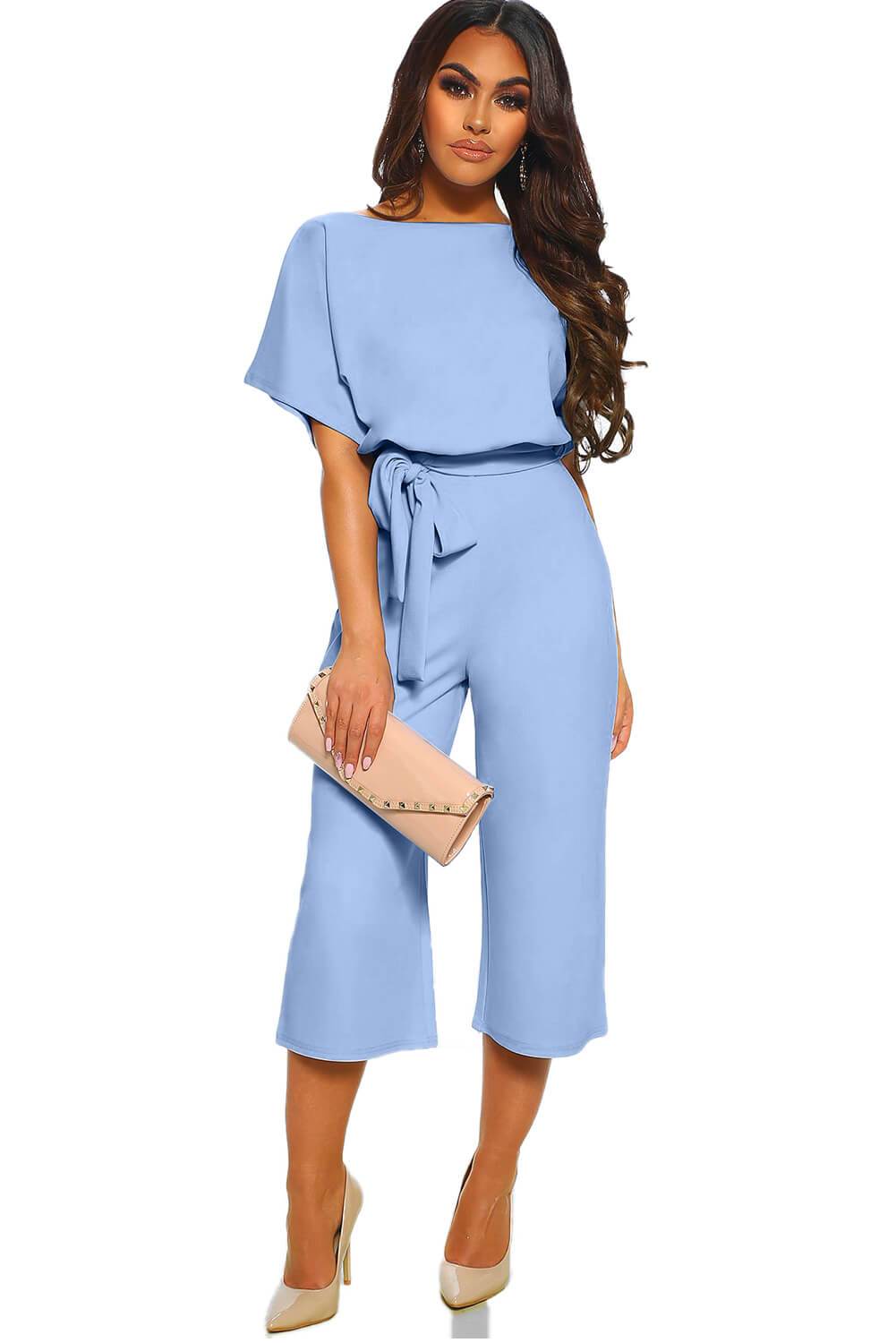 A stylish short sleeve sky blue culotte jumpsuit featuring batwing sleeves, a tie waist belt, and wide leg pants, perfect for summer outings.