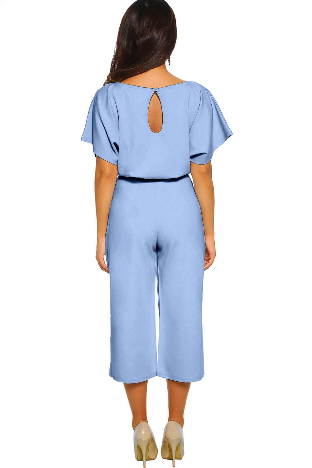 A stylish short sleeve sky blue culotte jumpsuit featuring batwing sleeves, a tie waist belt, and wide leg pants, perfect for summer outings.