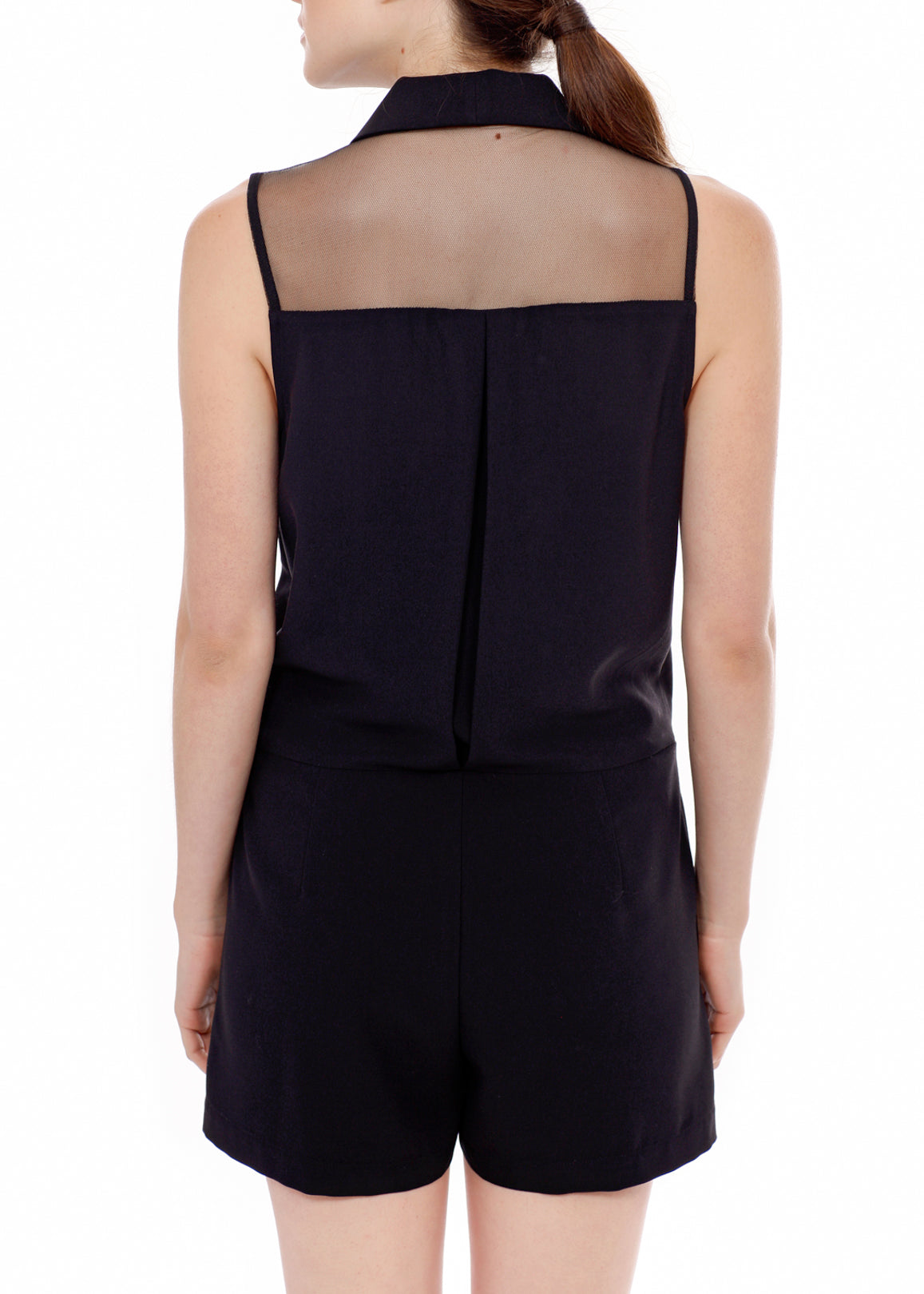 A stylish black V-neck sleeveless romper featuring a relaxed fit bodice and flowy shorts with hidden side pockets.