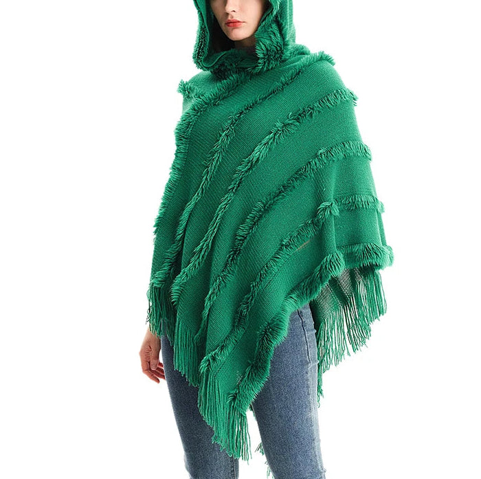 Main Women Winter Knit Hooded Poncho Cape Lady Spring Fringed Shawl Wrap image