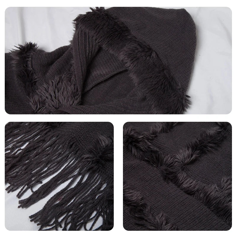 A stylish women winter knit hooded poncho cape with fringed edges, perfect for chilly weather and versatile for spring.