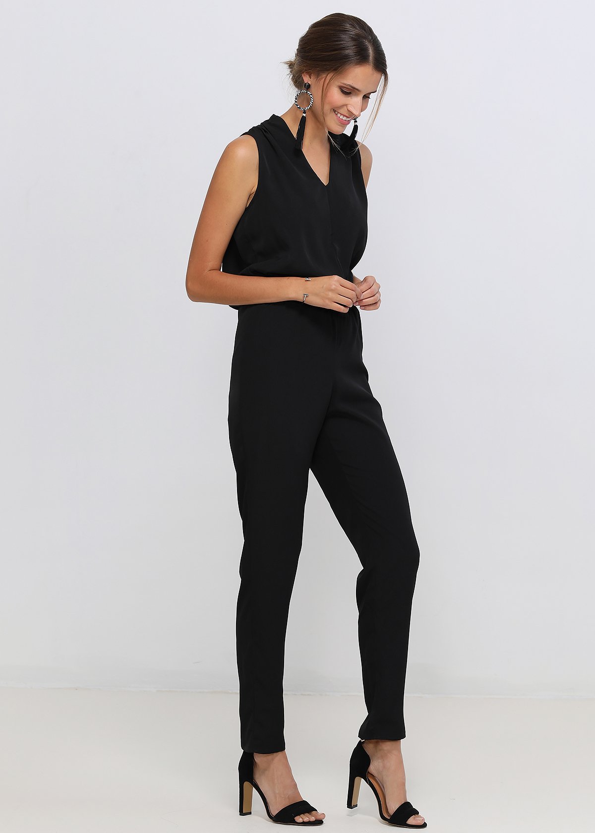 Women's Light Formal Sleeveless V-Neck Jumpsuit in black with cowl back design, showcasing elegant V-neck and elastic waist.