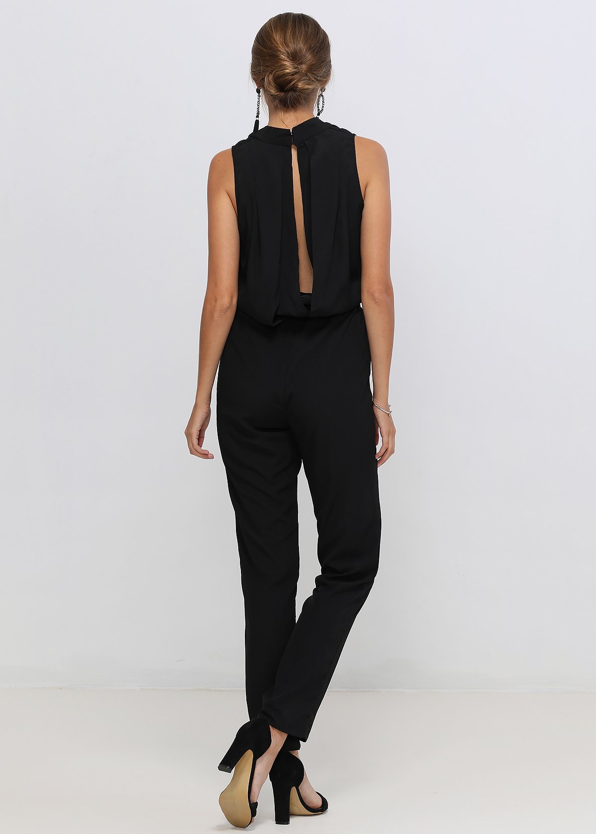 Women's Light Formal Sleeveless V-Neck Jumpsuit in black with cowl back design, showcasing elegant V-neck and elastic waist.