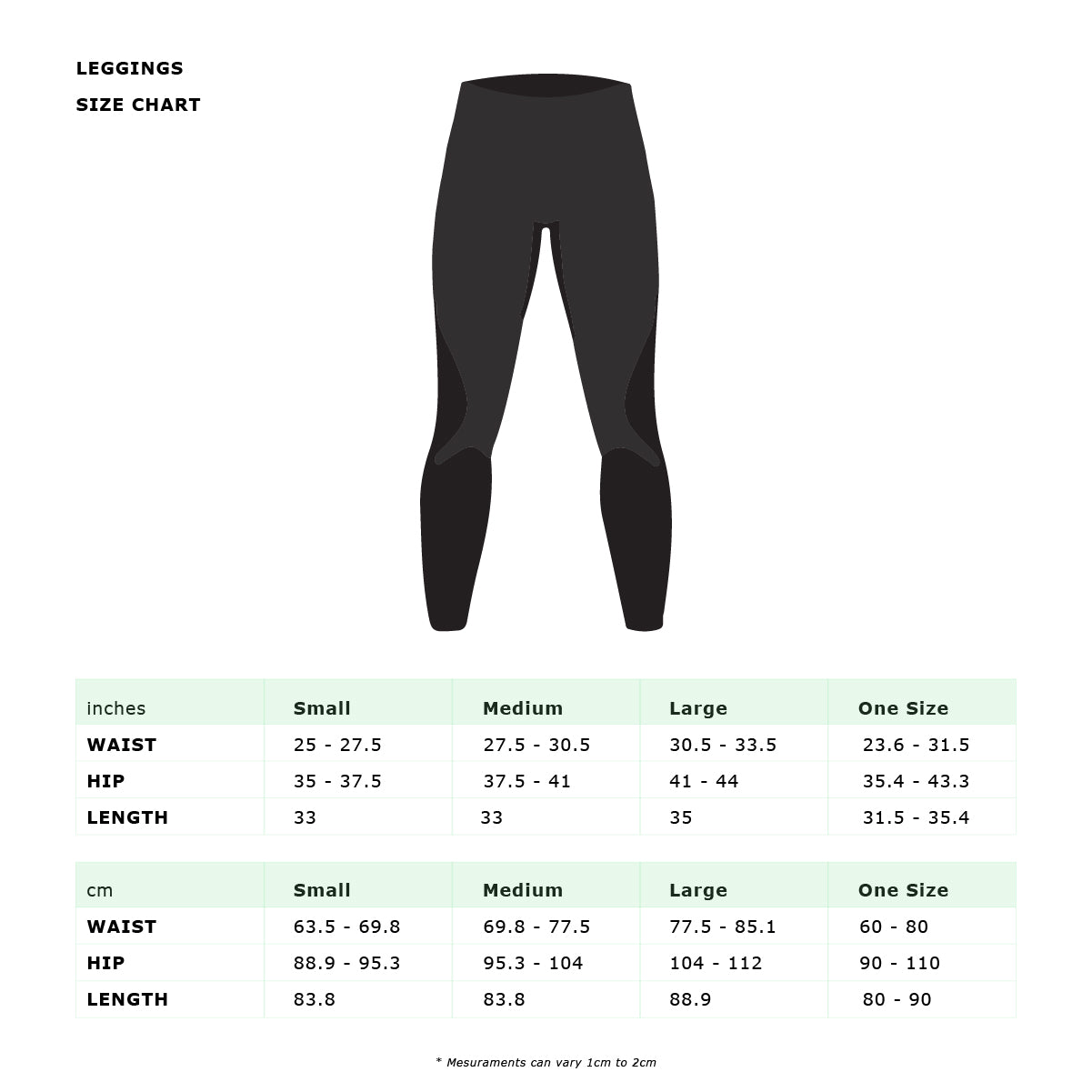 Leggings size chart with measurements.