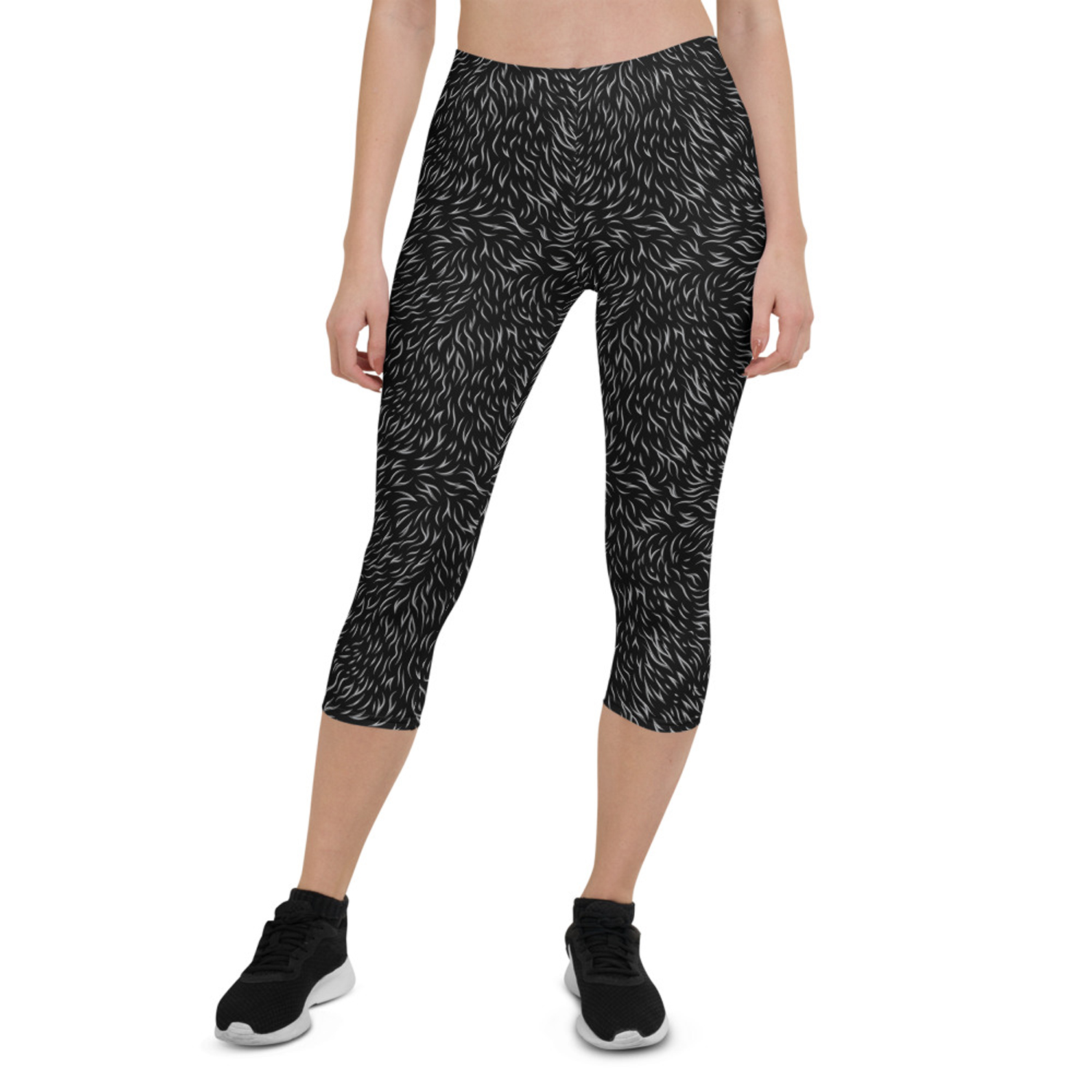 Black Bear Fur Capri Leggings for Women featuring unique graphic design, perfect for workouts and casual wear.